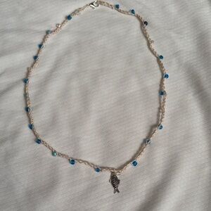 Elegant Crochet Silver Fish Pendant Necklace with Blue Accents